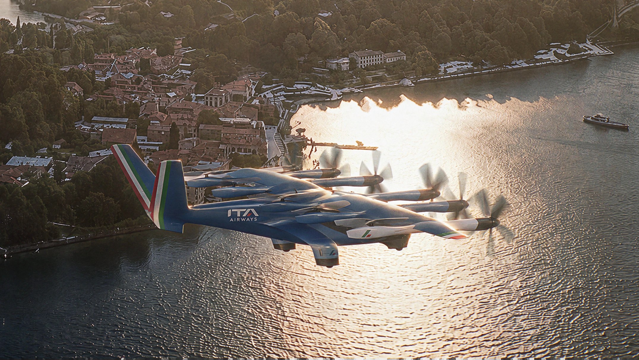 Rendering of Archer's all-electric Midnight air taxi flying over Italy